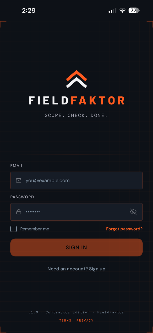 FieldFaktor sign-in on iPhone