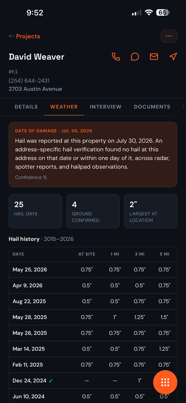 Address-specific hail history for the property