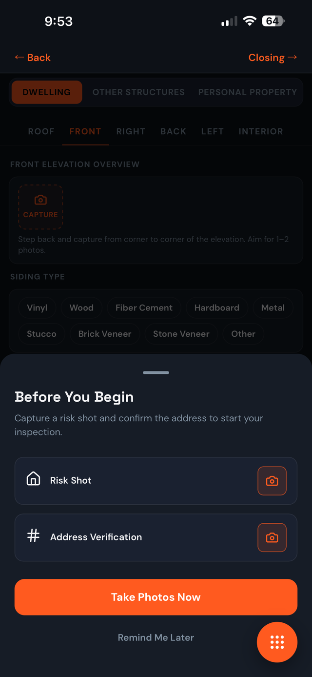 Risk shot and address verification prompted before the inspection starts