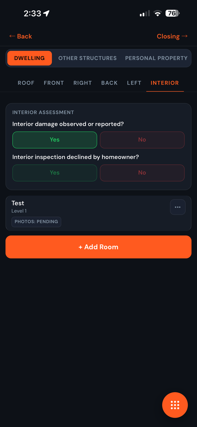 Interior assessment with rooms recorded per level