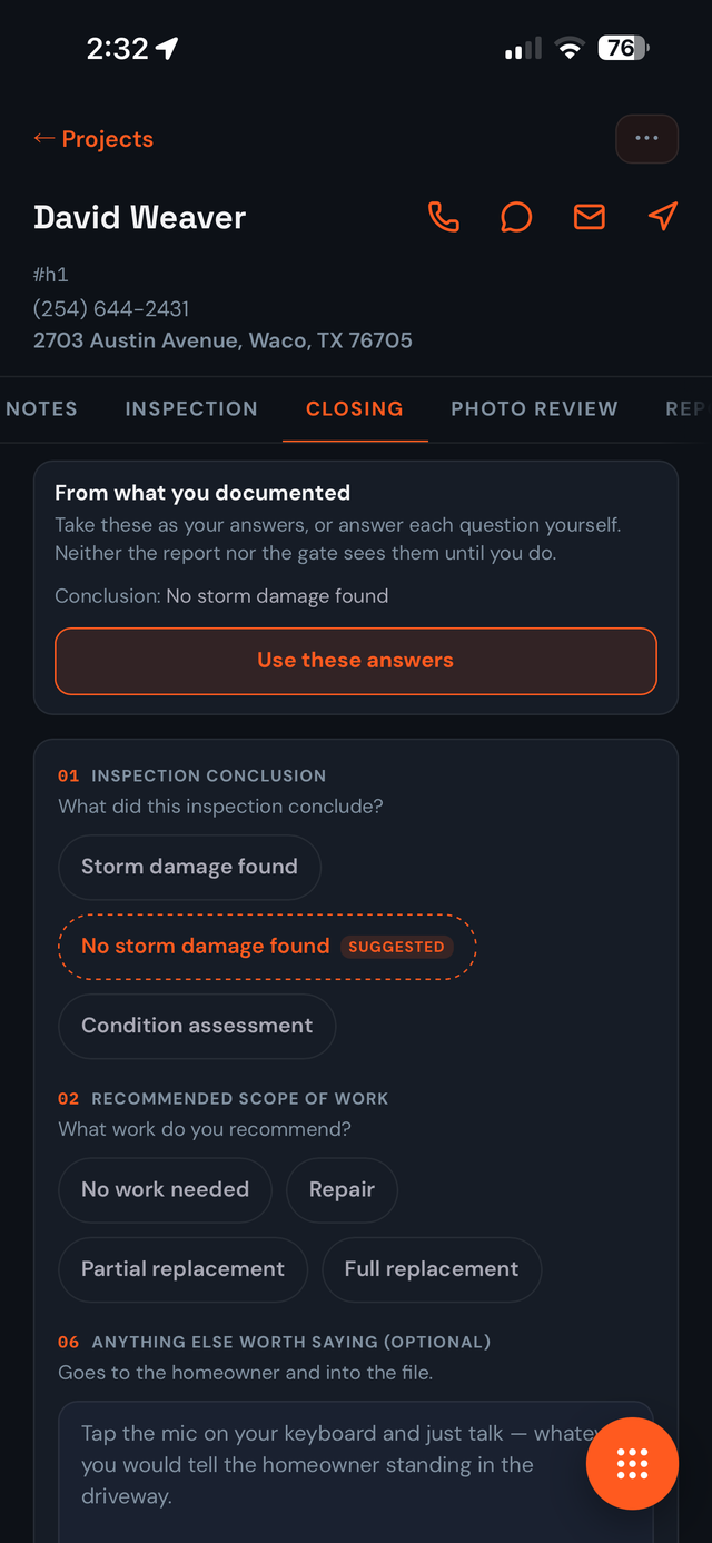 Closing questions pre-answered from what was documented