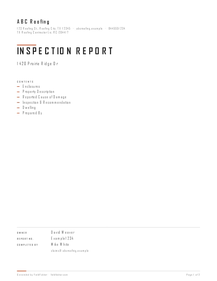First page of the sample inspection report